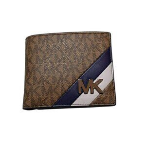 NEW Michael Kors Men's Hudson Billfold Wallet With Coin Pocket Brown Navy Blue